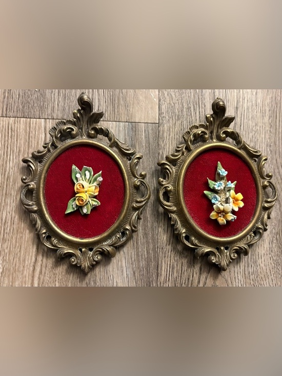 Other - Ornate Vintage Floral Wall Plaques - Red Velvet & Porcelain Flowers